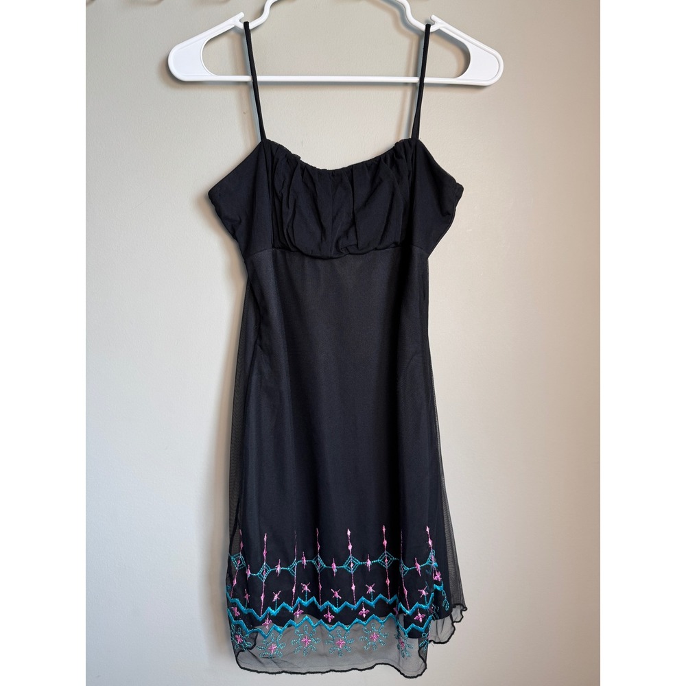 Mirrors Dress Women Medium Black Y2K Boho Mesh Overlay Embroidered Hem